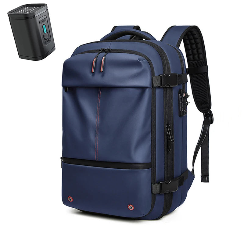 A navy blue heavy duty laptop backpack with vacuum compression features is shown next to its power adapter.