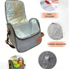 A silver insulated reusable lunch bag with a gray fabric and shoulder strap, showing features like easy cleaning and thermal 