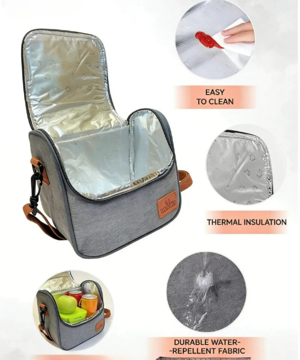 A silver insulated reusable lunch bag with a gray fabric and shoulder strap, showing features like easy cleaning and thermal 