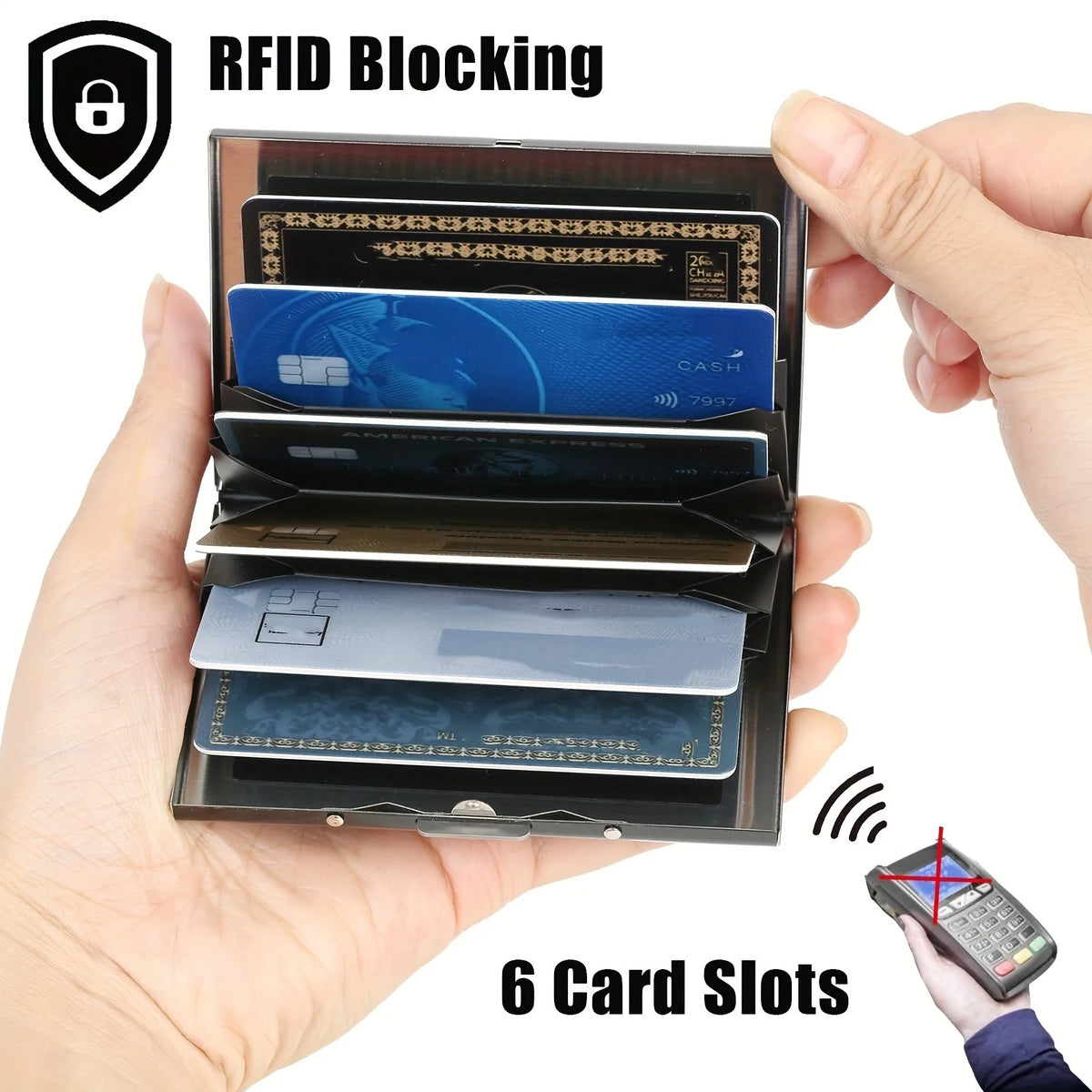 A hand holds an RFID blocking card holder with six slots, displaying various cards.
