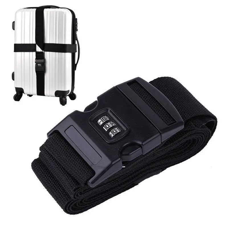 Black adjustable luggage cross strap with a combination lock