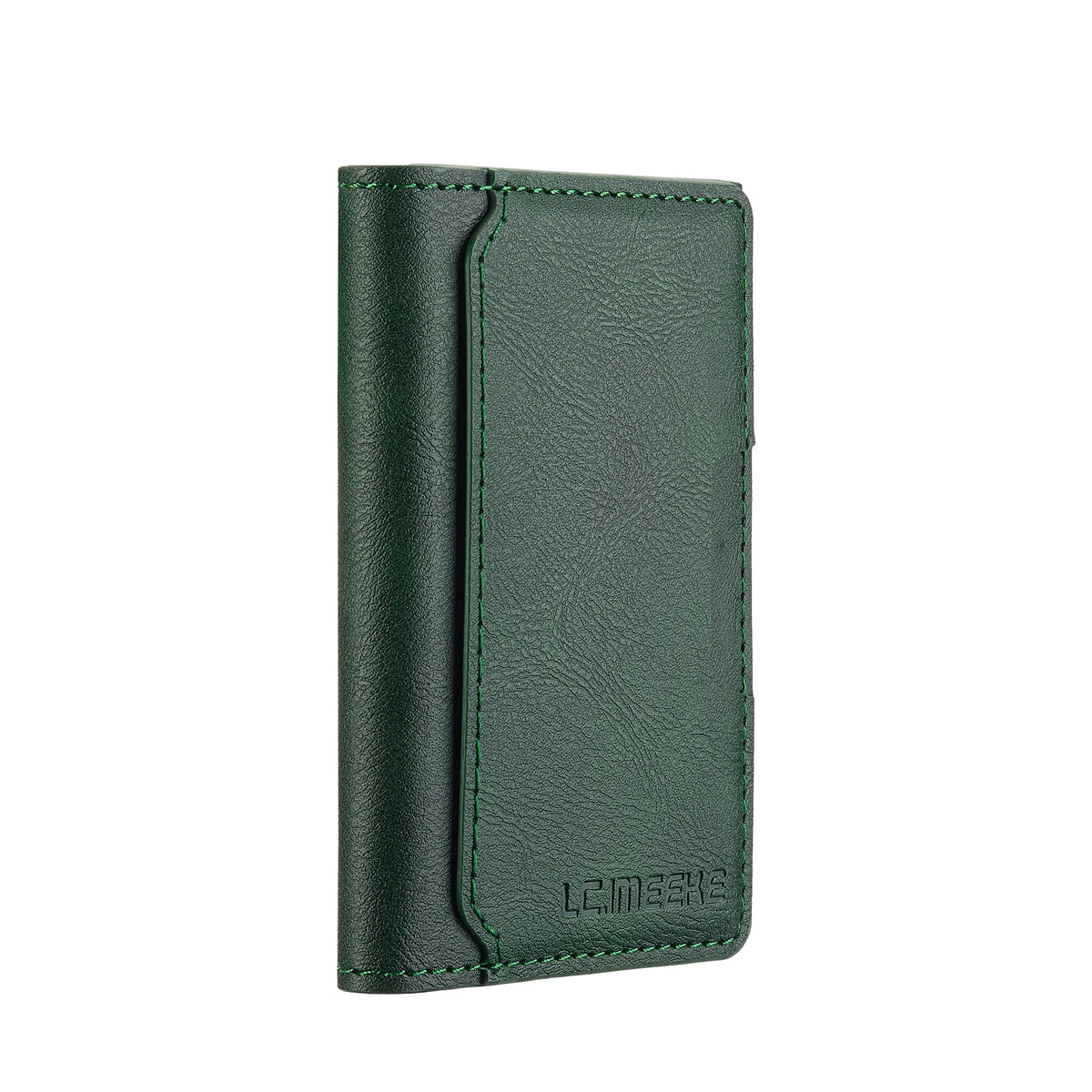 Portefeuille avec porte-cartes en cuir vert foncé à bord cousu.