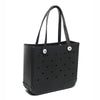 Black portable EVA beach tote bag with two handles and small logo details.