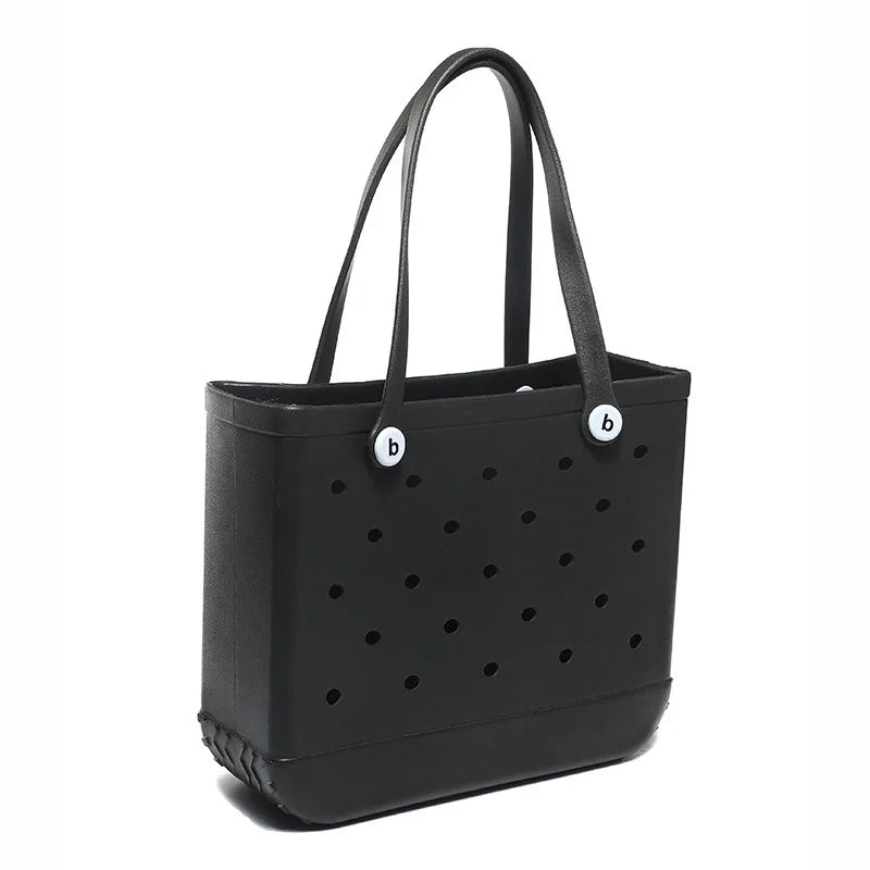 Black portable EVA beach tote bag with two handles and small logo details.