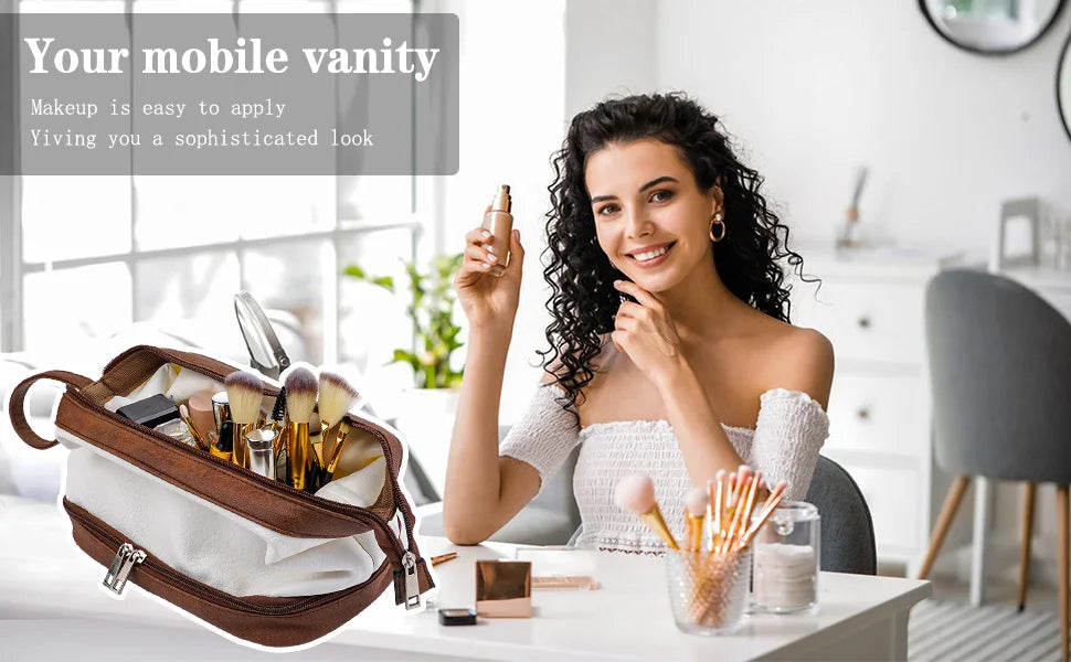 A woman holds an elegant PU leather travel cosmetic organizer bag filled with makeup brushes and products.