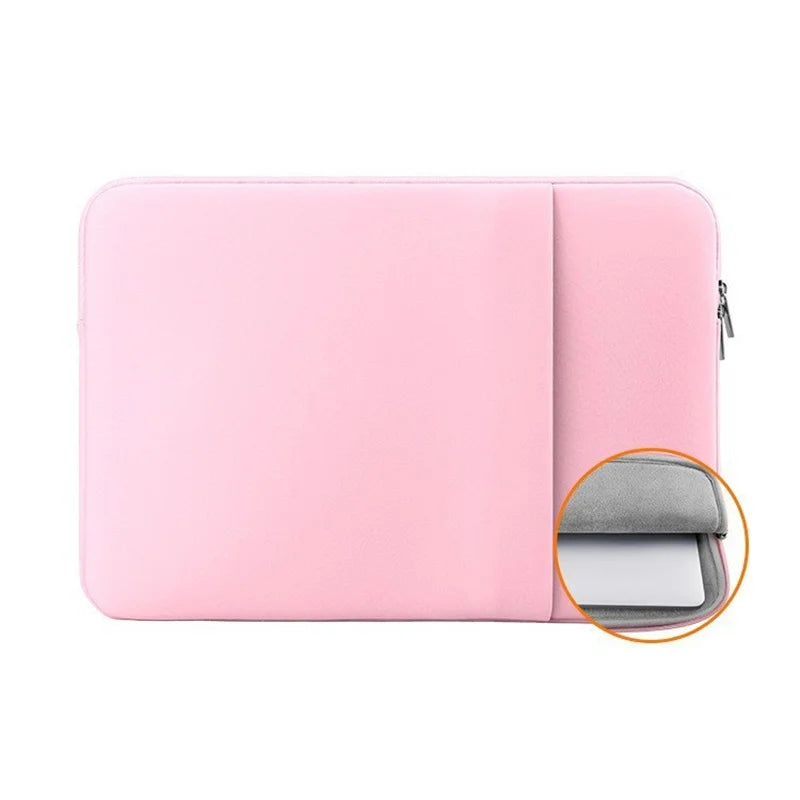 A pink universal laptop sleeve case for 11 to 17 inch laptops, showing the interior gray lining.