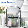 A clear transparent PVC backpack containing various school supplies and accessories.