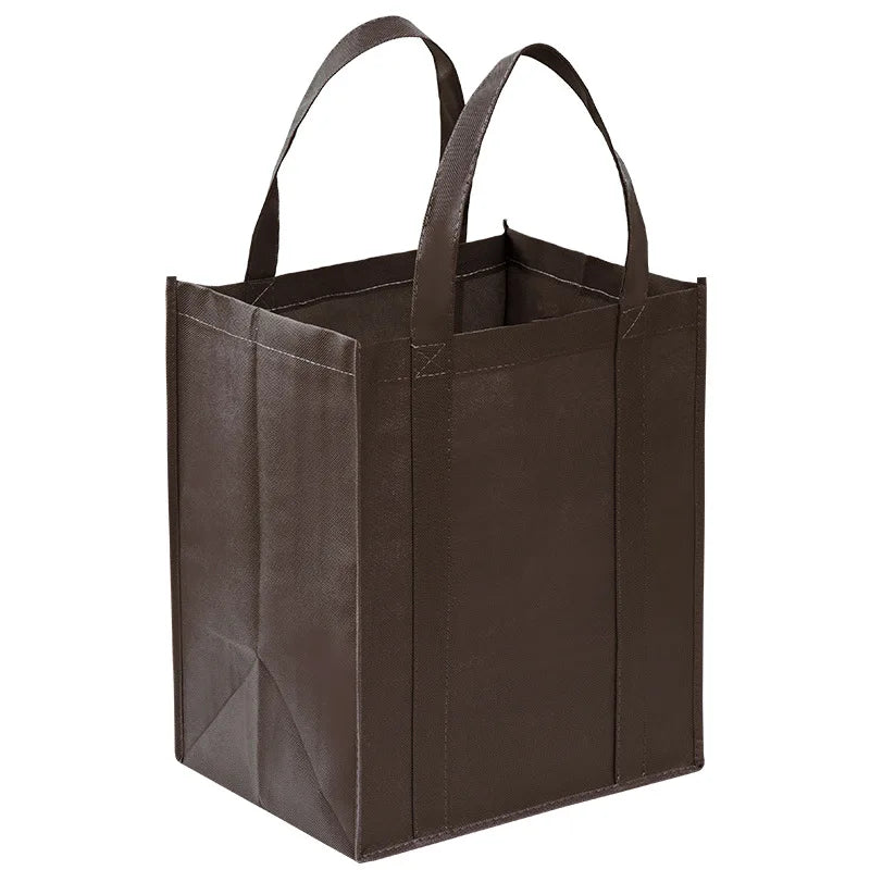 A dark brown reusable eco-friendly tote bag with handles, shown from the front.
