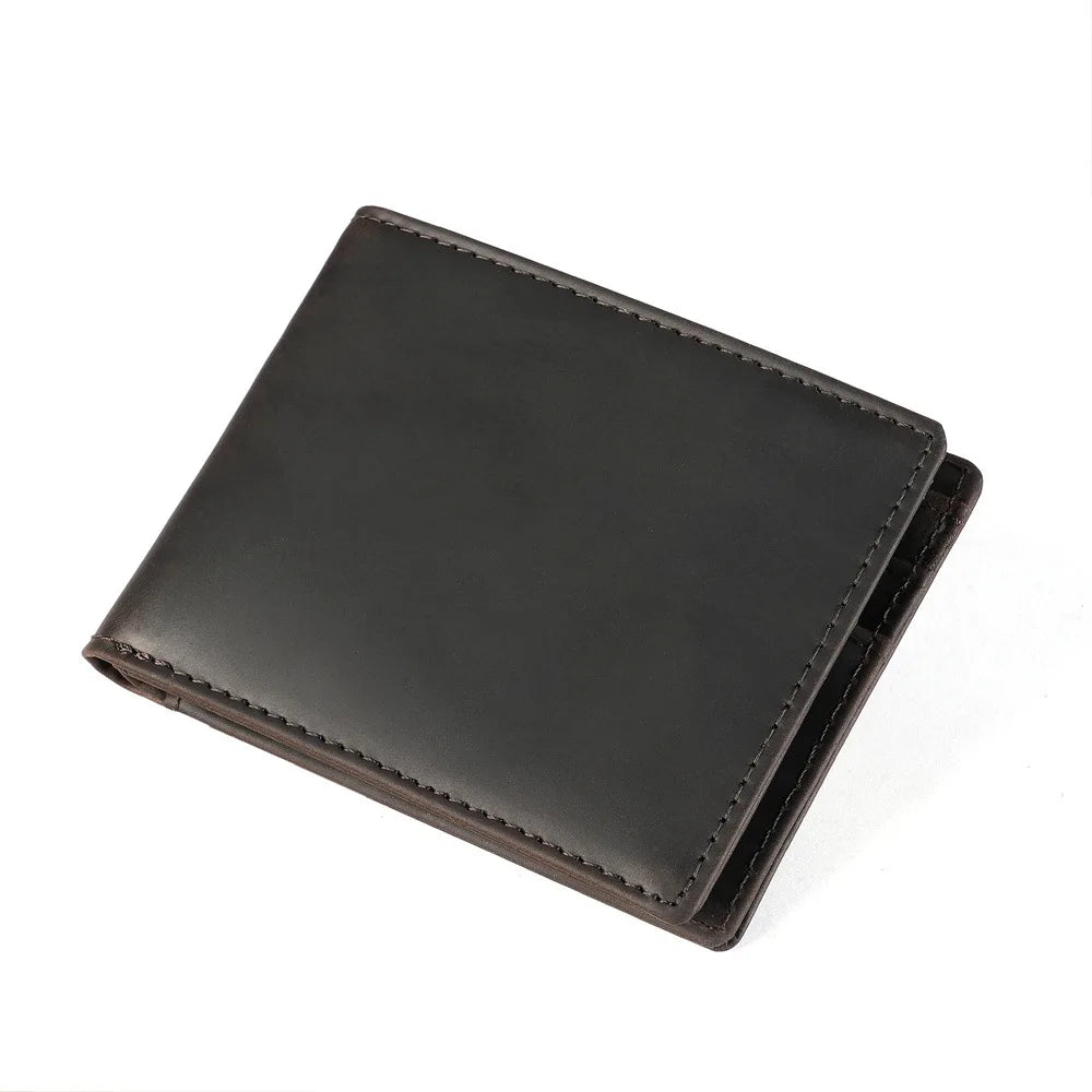 A dark brown men's bifold retro cowhide leather wallet shown at an angle.