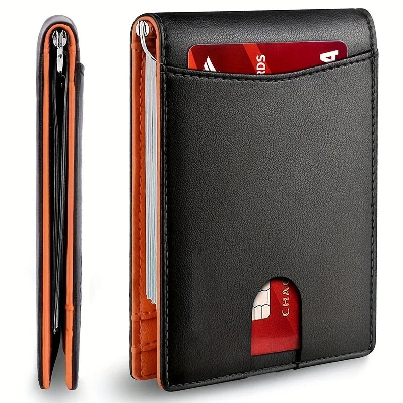 A black slim synthetic leather bifold wallet with a red card slot visible.