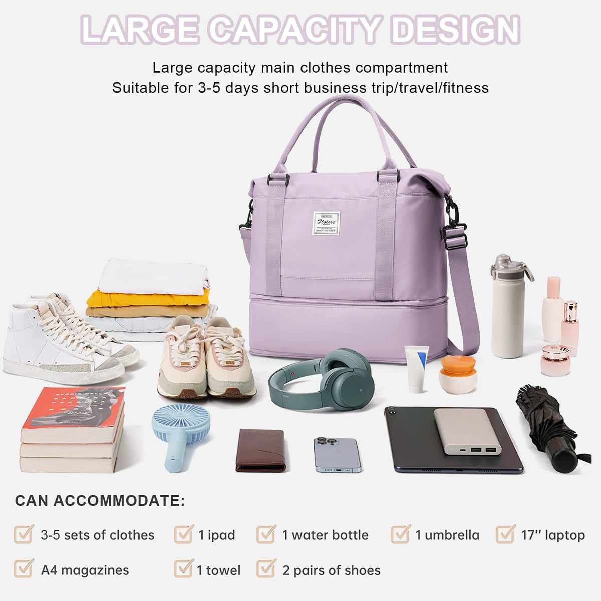 Maleta de viaje morada de gran capacidad para ropa, con compartimentos para aparatos y zapatos.