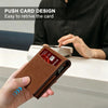 A hand holds a brown slim RFID blocking credit card holder wallet next to a white device.