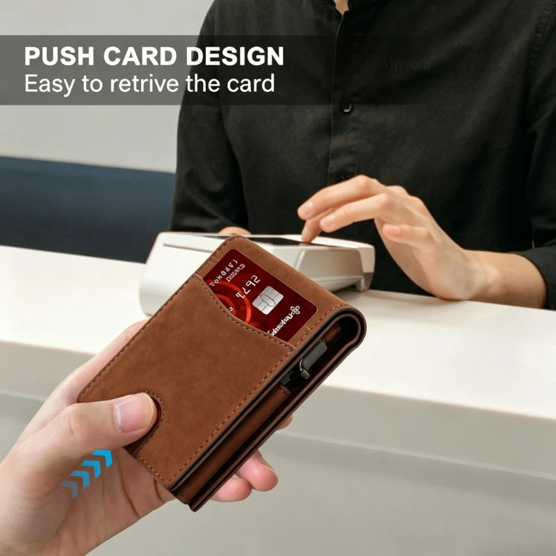 A hand holds a brown slim RFID blocking credit card holder wallet next to a white device.