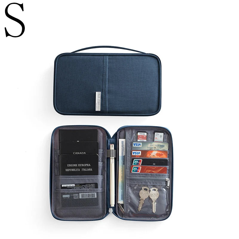 A dark blue multi-pocket waterproof travel document organizer with a hinged cover and interior slots for various documents.