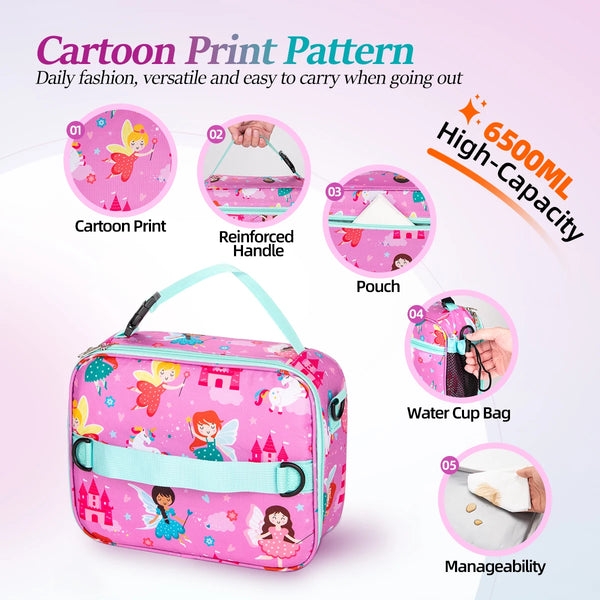Pink cartoon print insulated lunch bag with a shoulder strap and zippered compartment