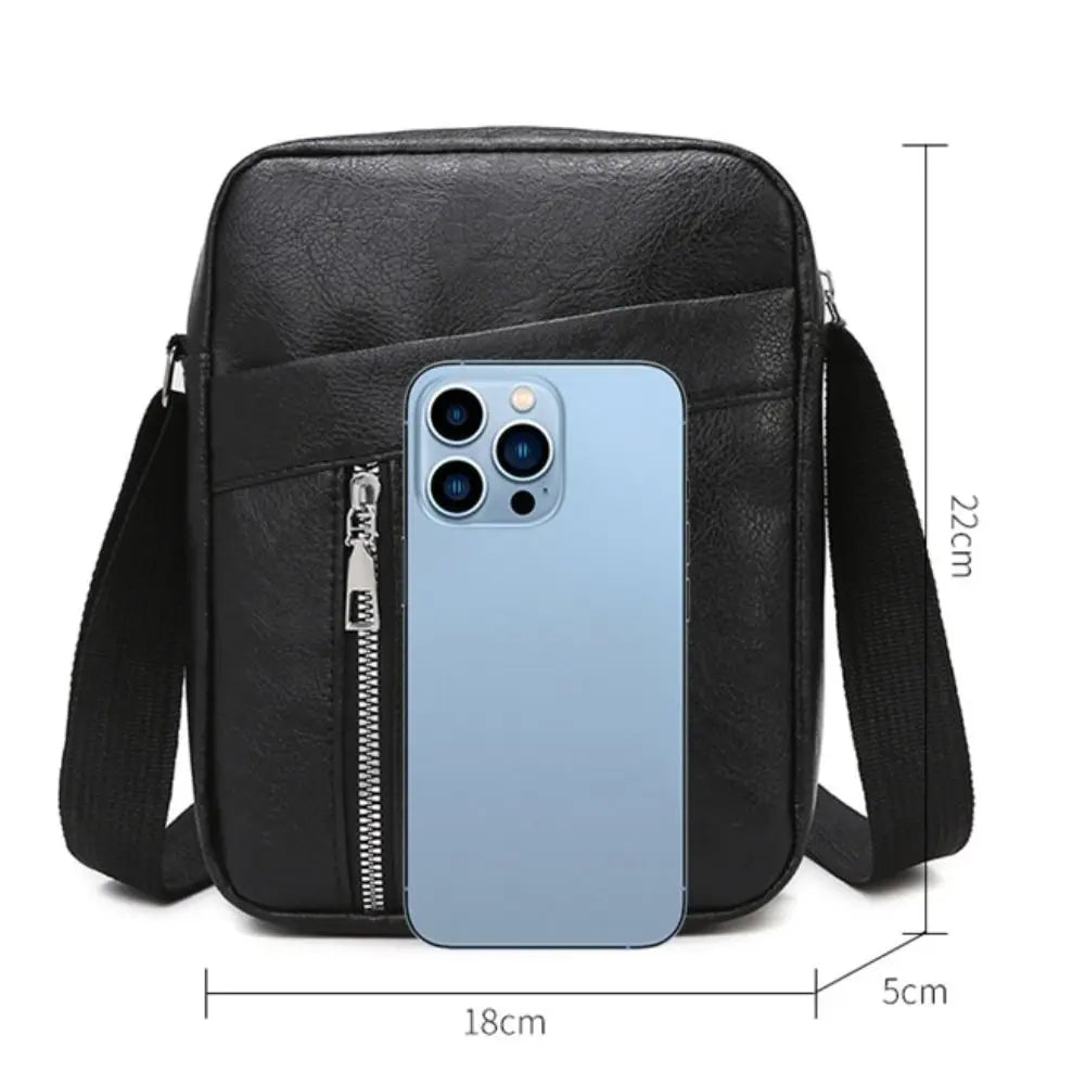 Black waterproof PU leather sling bag featuring a light blue smartphone case.