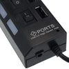A black 7-port USB 2.0 high-speed hub with on/off switches and a cable connector.