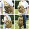 A person is shown wearing a multi-compartment crossbody and chest bag in olive green camouflage fabric.