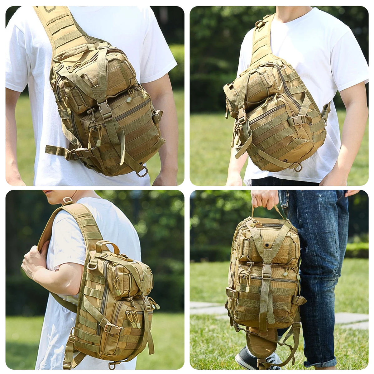 A person is shown wearing a multi-compartment crossbody and chest bag in olive green camouflage fabric.