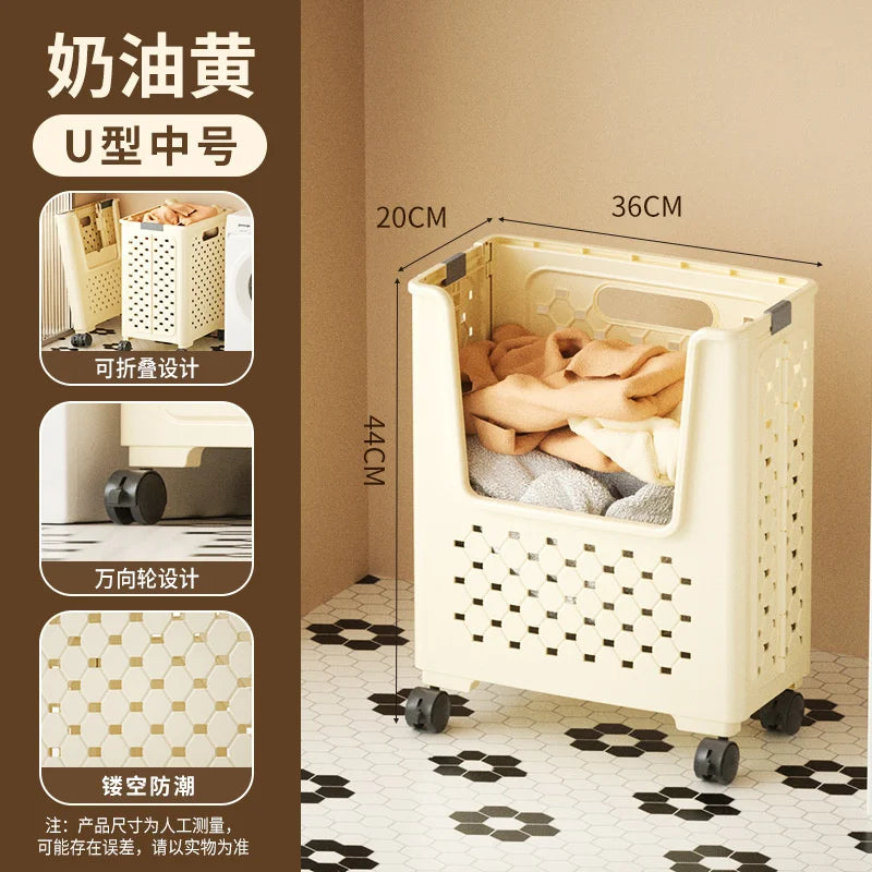 A white U-shaped foldable laundry basket with handles is shown, featuring a grid pattern and wheels for easy movement.