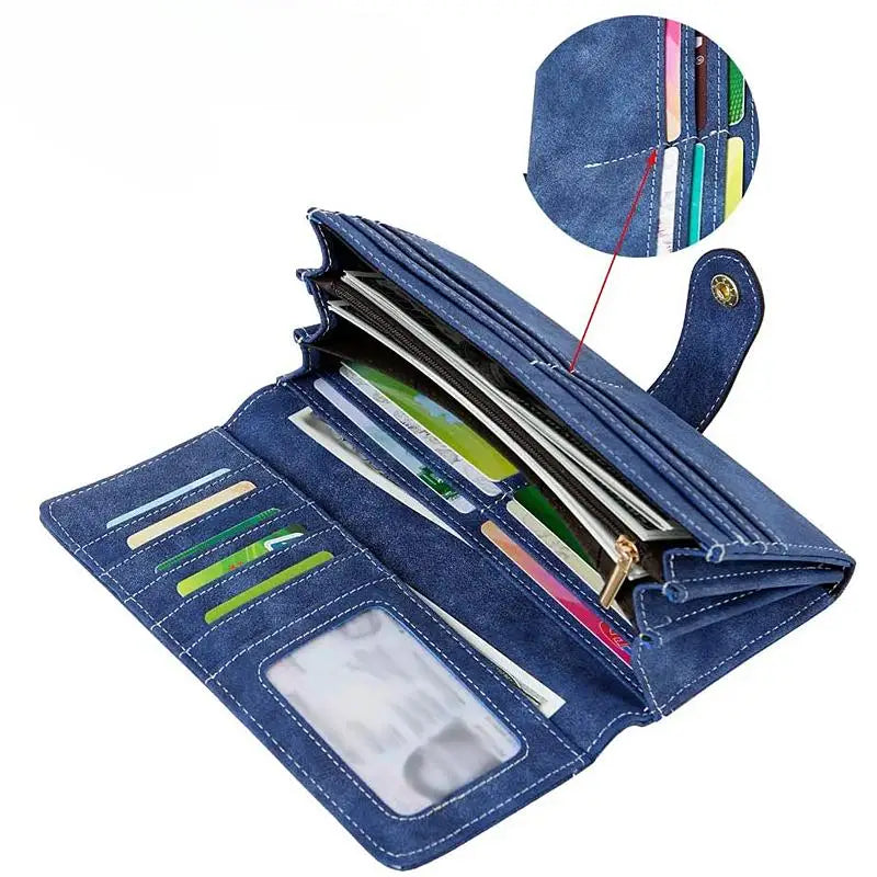 A dark blue clutch wallet with a flap showing multiple card slots and an RFID protection feature.