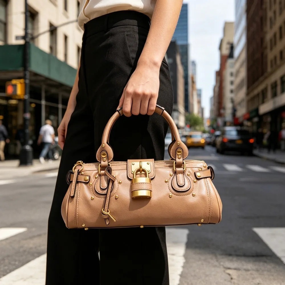 A woman holds a tan vegan leather tote bag with a gold lock buckle clip while walking on a city street.