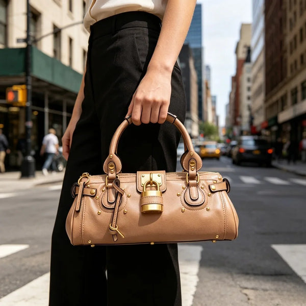 A woman holds a tan vegan leather tote bag with a gold lock buckle clip while walking on a city street.