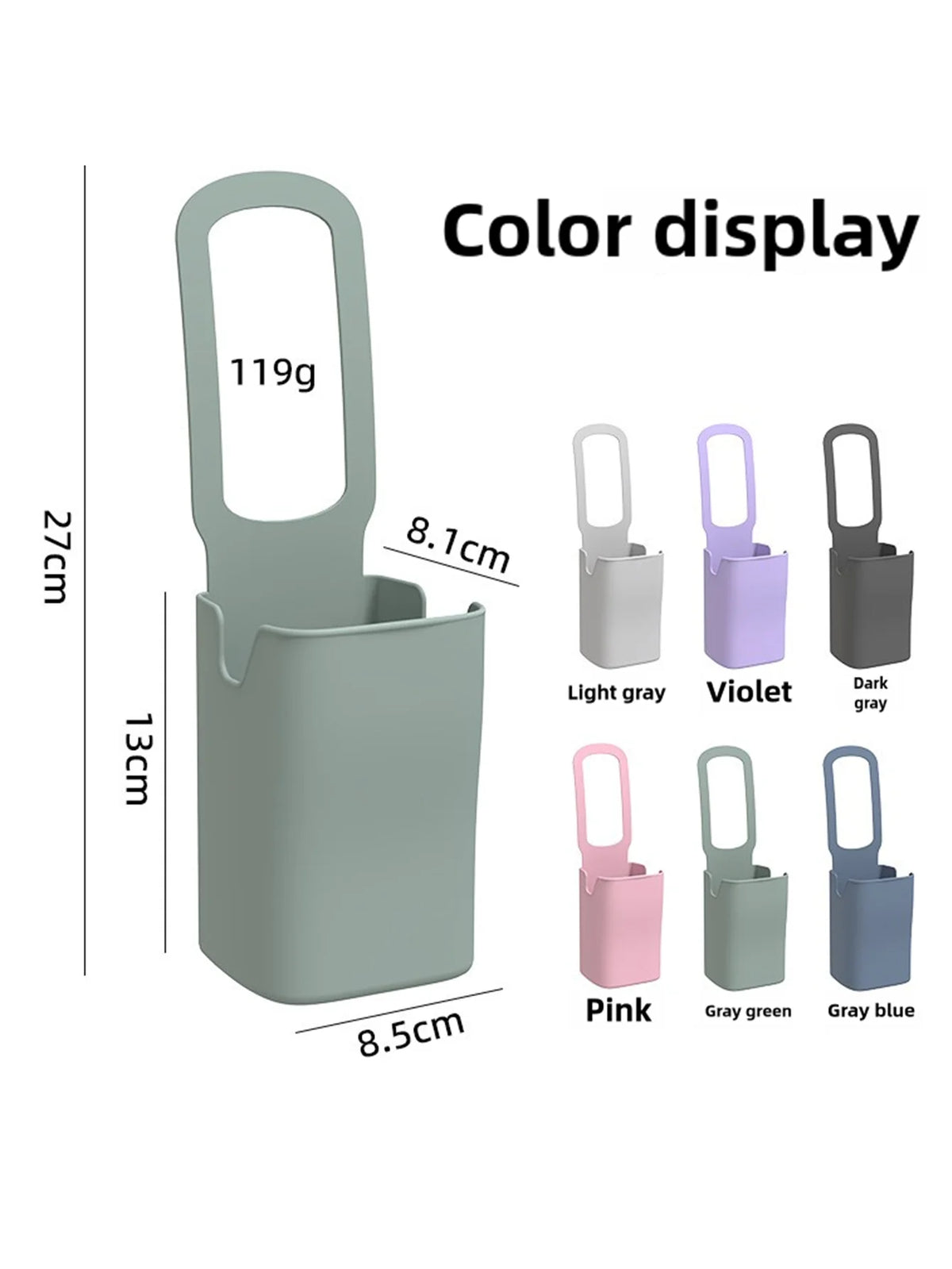 A color display showing various shades of silicone cup holders with dimensions and sizes.