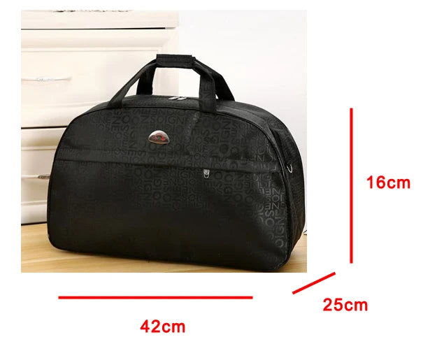 Black PU leather travel duffel bag shown with dimensions of 42cm long and 16cm high.