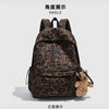 A brown leopard print backpack shown from the angle and front view.