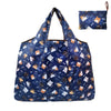 A navy blue reusable tote bag featuring a repeating pattern of cats and geometric shapes.