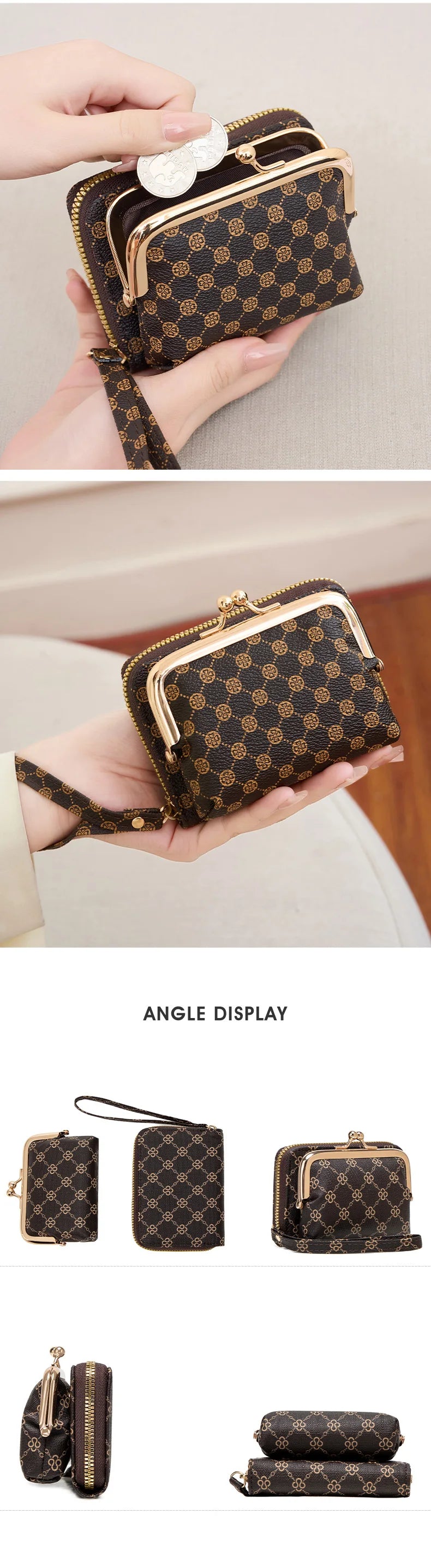A black fashion print accordion card holder wallet shown in various angles and configurations.