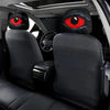 Set of two black car headrest covers with striking red and black devil eye designs.