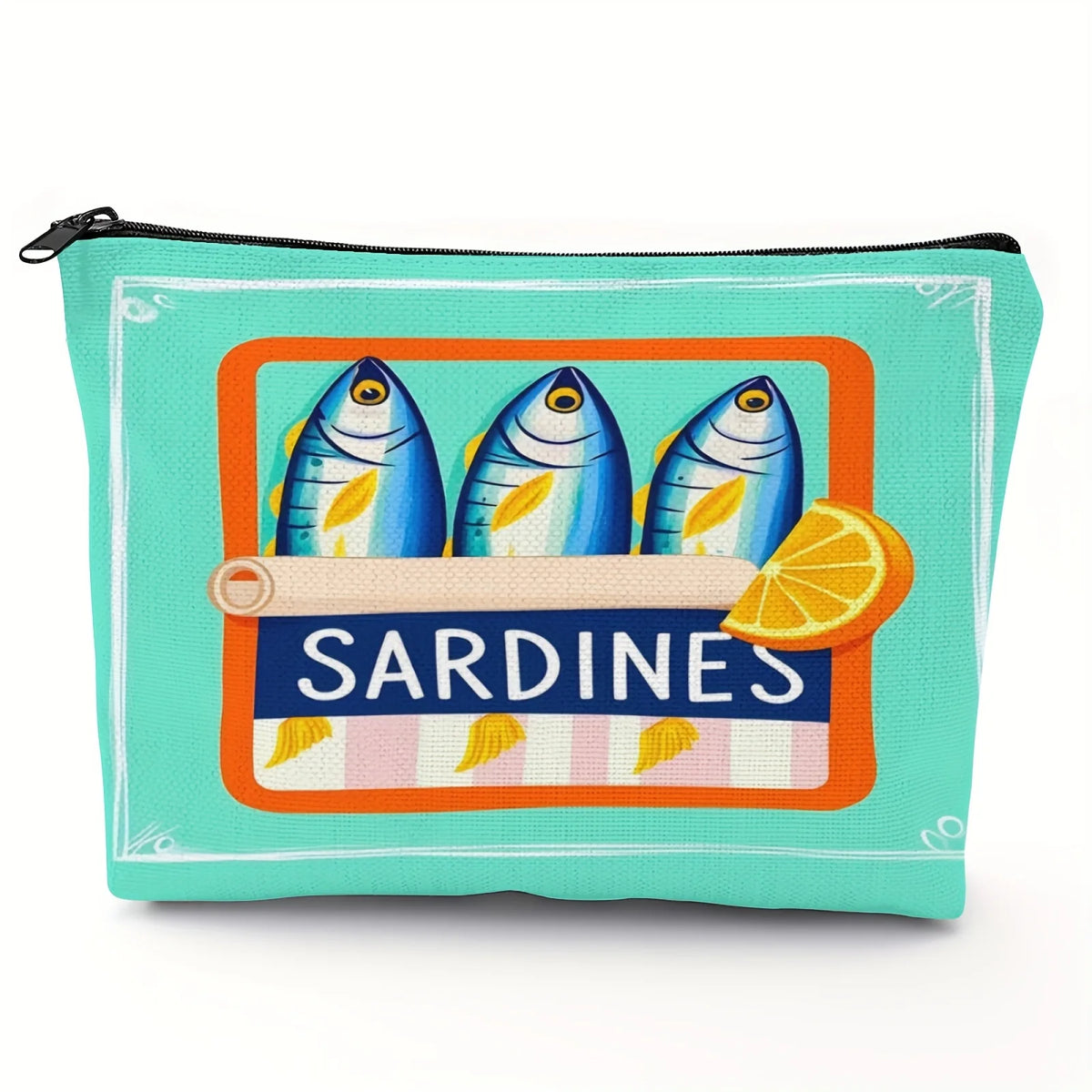 Türkis-durchsichtige Zip-Tasche mit Illustrationen von Sardinen und einer Orangenscheibe.