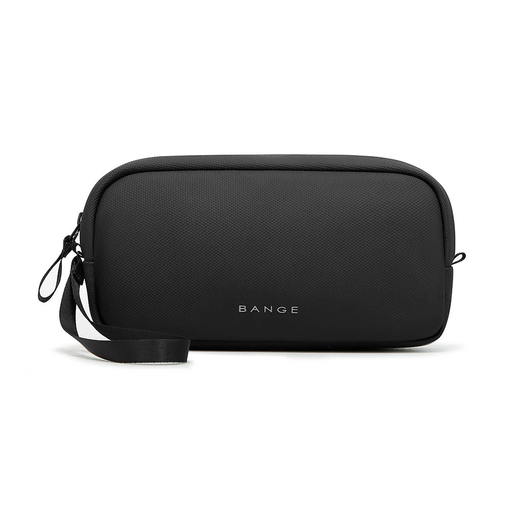 Black travel electronics organizer pouch with a black strap and the BANGE logo.