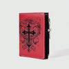 A red leather wallet featuring a black gothic cross pattern and a zipper coin pocket.