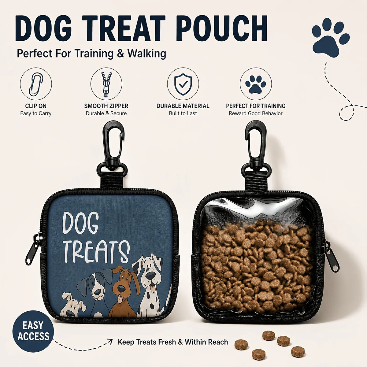 A dark blue dog treat pouch with a clip-on closure and transparent window filled with dry treats.