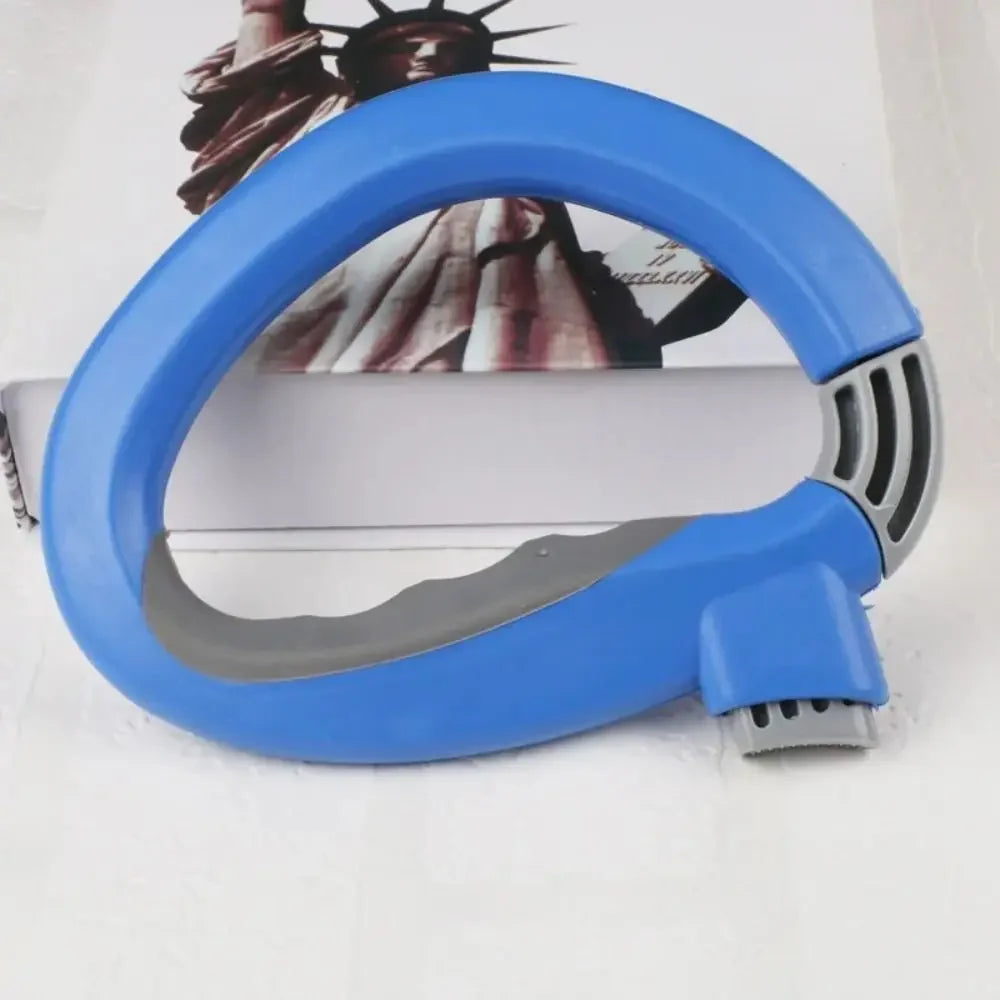 A blue plastic carrier designed to hold a grocery bag, featuring a curved handle and a clip mechanism.