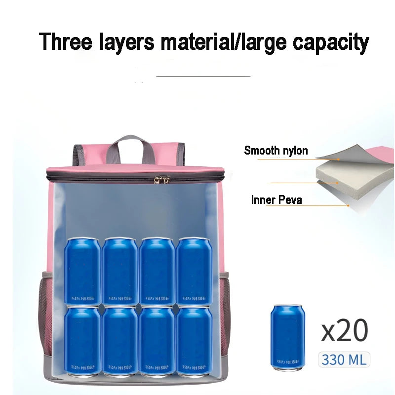 A pink and gray backpack showing three layers of material and large capacity with twenty 330 ml blue cylindrical bottles insi