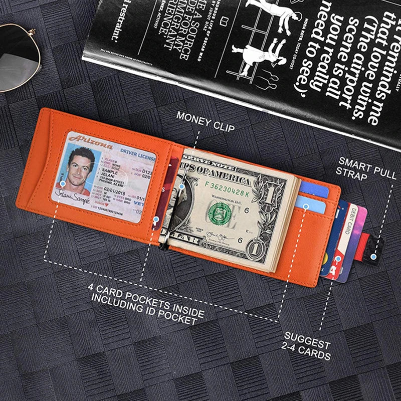 Portefeuille bi-pliable orange avec emplacements pour cartes et un clip de billets sur une surface texturée sombre.