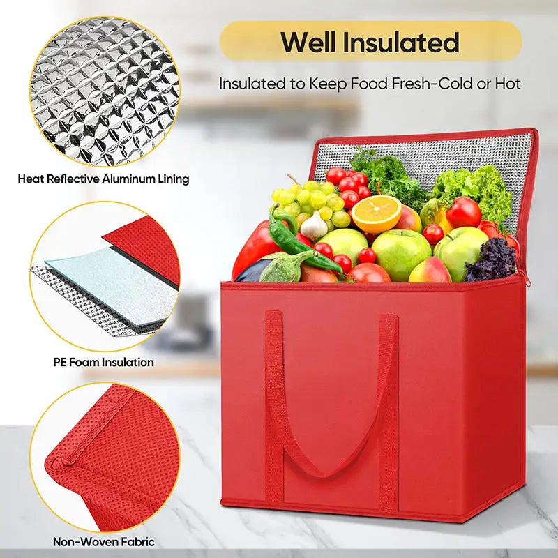 Red foldable insulated grocery and food cooler bag showing various insulation features