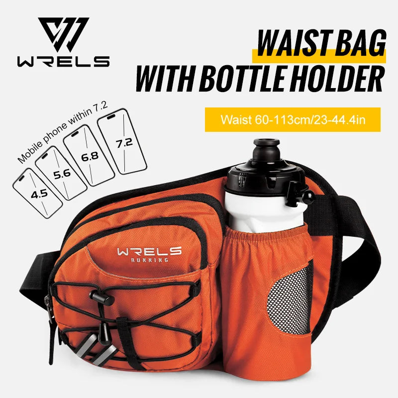 Orange waterproof sports fanny pack with a bottle holder and a mobile phone sleeve.