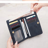 A dark blue retro PU leather double fold wallet with a gold zipper pull shown in multiple card positions.