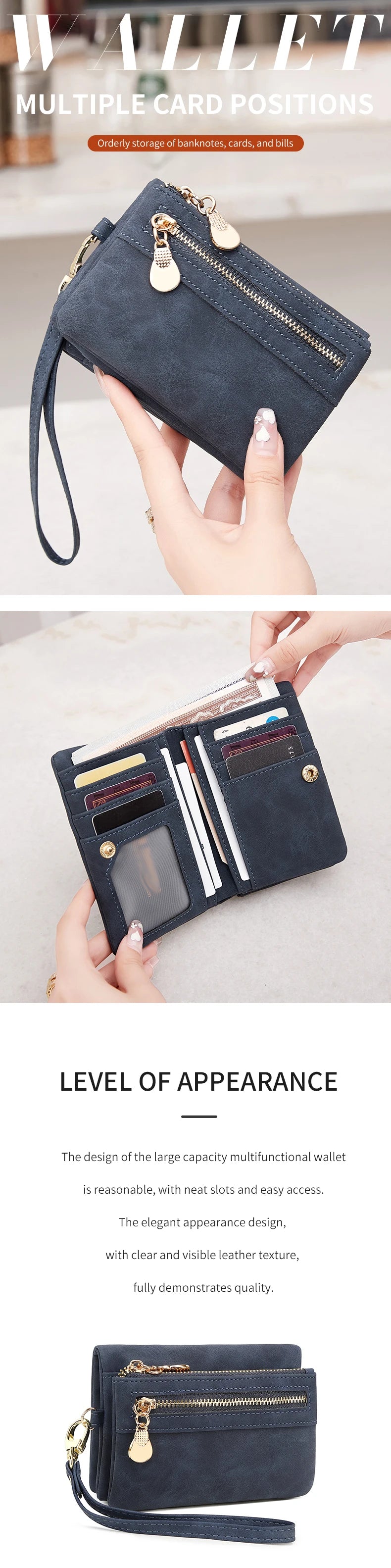 A dark blue retro PU leather double fold wallet with a gold zipper pull shown in multiple card positions.
