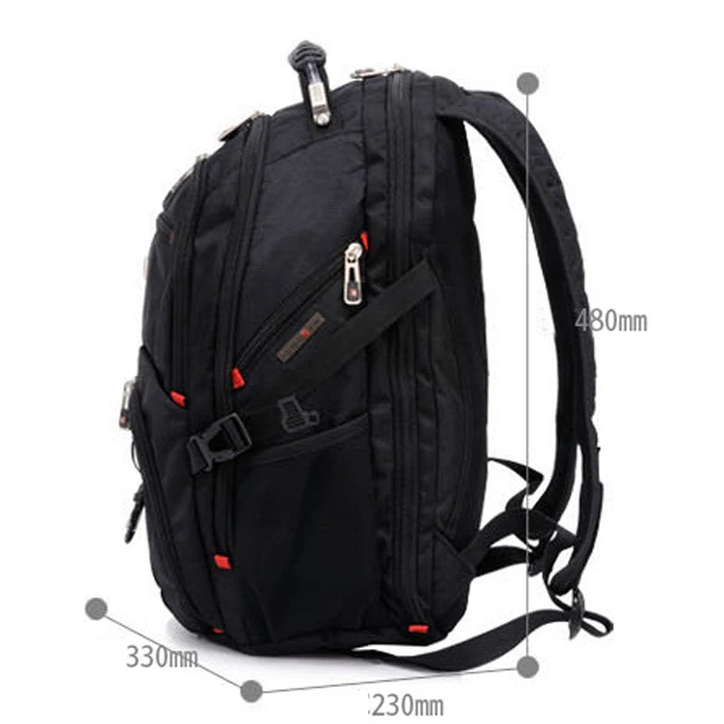 Mochila de viaje grande para hombres suizos negros, mostrada con dimensiones.