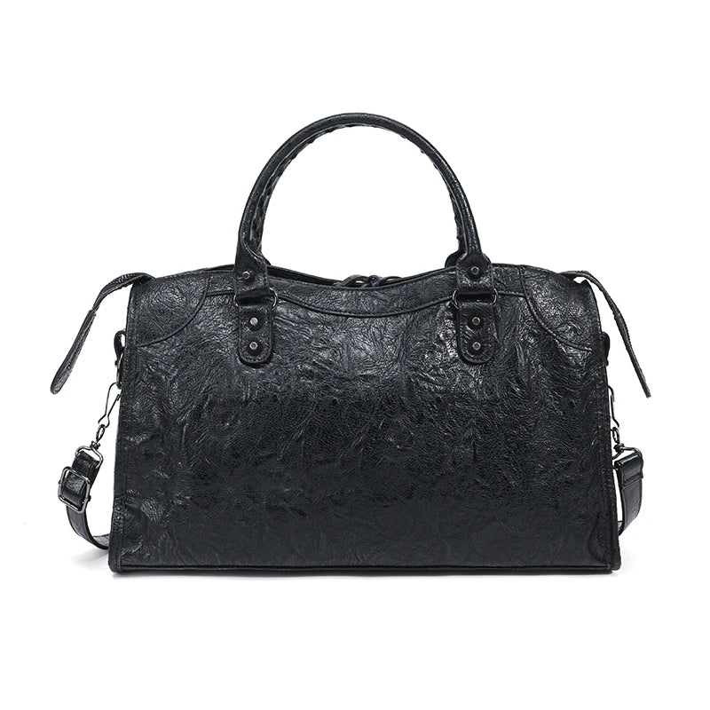 Black soft PU leather shoulder tote bag with leather handles and chain detail