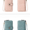 Two versions of a multi-card wallet in pink and blue leather with wrist straps