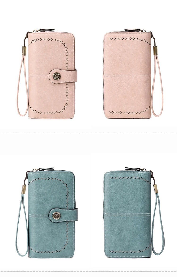 Two versions of a multi-card wallet in pink and blue leather with wrist straps