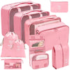 A pink fabric storage organizer set featuring multiple zippered pouches and a clear storage box.