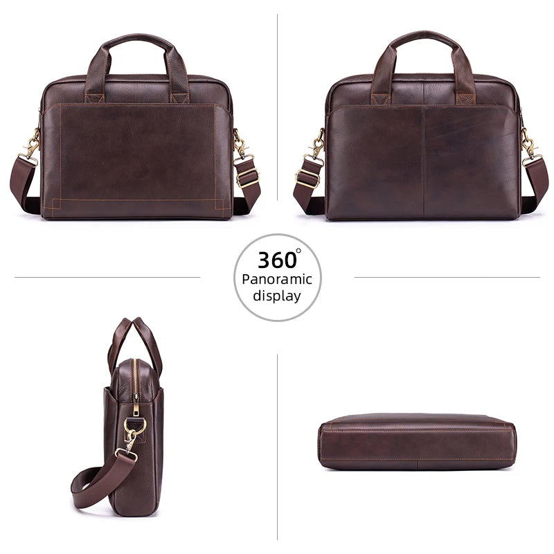 A genuine leather men's briefcase in dark brown color shown from multiple angles and a close-up view.
